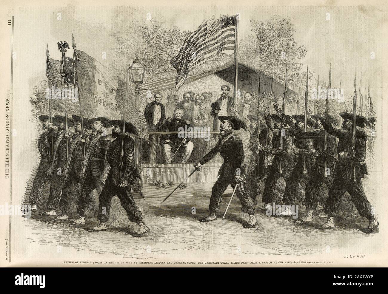 1861 , 4 july, WASHINGTON , DC , USA :  The4 JULY parade for President The U.S.A. ABRAHAM LINCOLN ( Big South Fork , KY, 1809 - Washington 1865 ).  From THE ILLUSTRATED LONDON NEWS 2 august 1861 , Review of Federal Truops on the 4th july by President Lincoln and General Scott : The GARIBALDI GUARD filing past ( TRUPPE DI BERSAGLIERI GARIBALDINI FROM ITALY ) - Presidente della Repubblica - Stati Uniti -  USA - ITALIA - militari italiani - bersagliere  ----  Archivio GBB Stock Photo