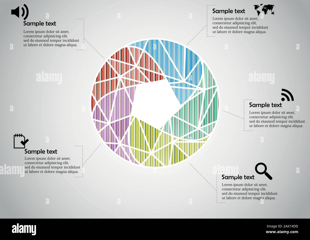 Infographic illustration vector template with motif of circle divided to five color parts. Each section is joined with sign and sample text. Backgroun Stock Vector