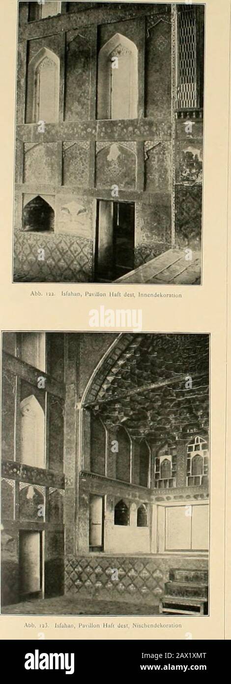 Denkmäler persischer Baukunst : geschichtliche Untersuchung und Aufnahme muhammedanischer Backsteinbauten in Vorderasien und Persien . Ferspckiive gezeichnete Veduie zeigt — ein Beweis, daß dieMaler Schah Abbas des Großen ihren Aufcnihalt in Korn zunutzen verslandcn. In diesem Miticlsnal, der jedenfalls alsThronsaal dienic, findet sich an der hinteren Schmalseite einecrhöhle Tribüne, auf der wohl der Thron seinen Plaia hülle.Die liefe Nische, die diese Estrade gleichsam im Baume bildet,i^t mii einem gan; besonders reichen Sialakiiicngcwolbe über-deckt (Abb. 133). Die Form der einzelnen Slaloki Stock Photo