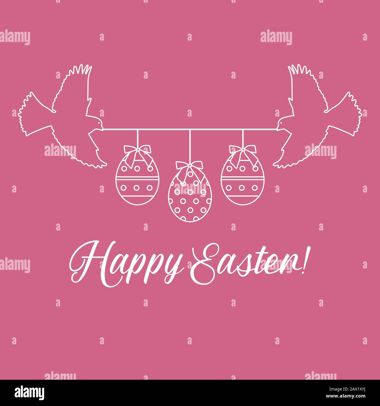 Vector illustration Two birds hold rope with decorated Easter eggs with ...
