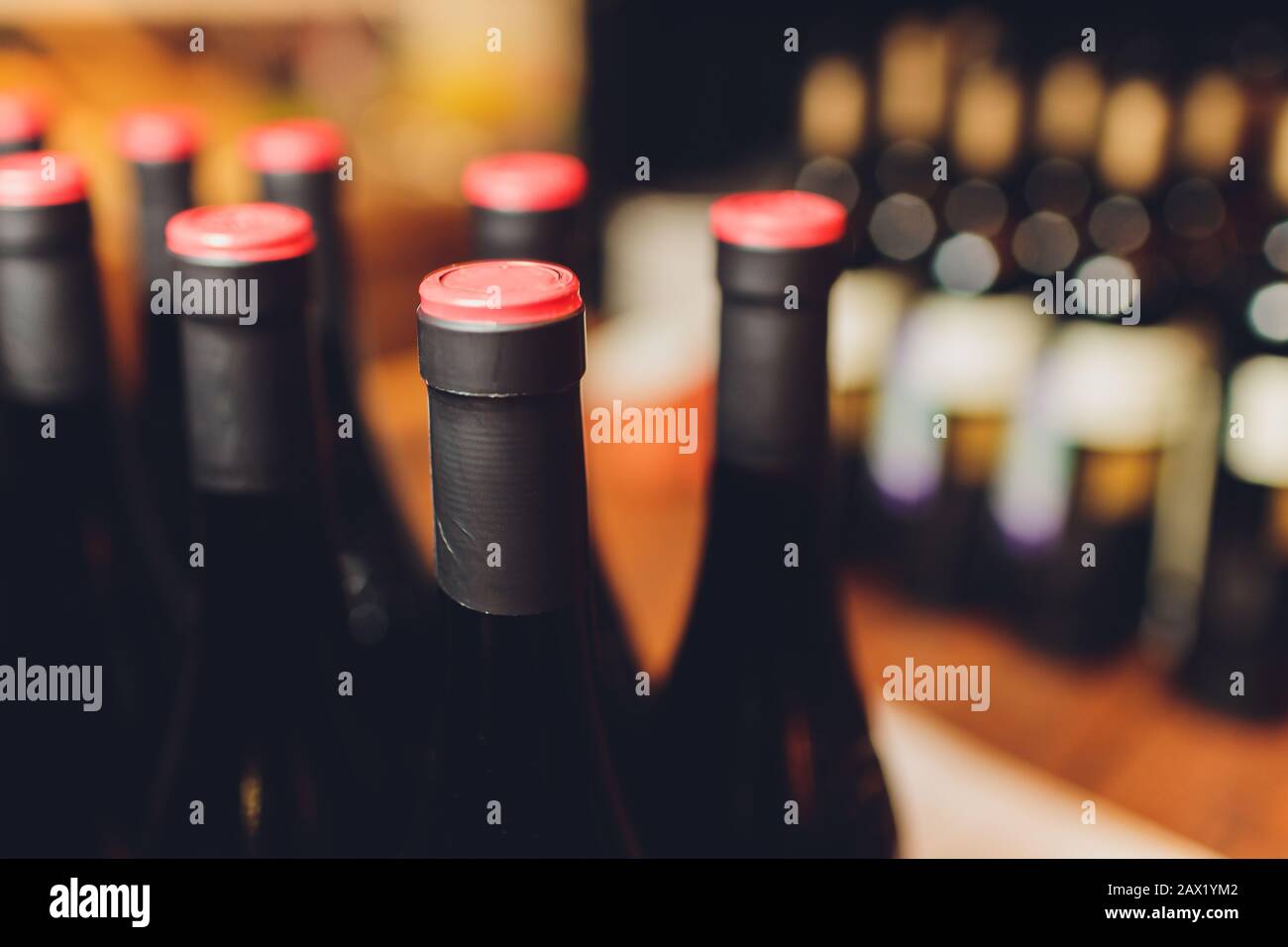 Closeup of full corked bottles of wine Stock Photo