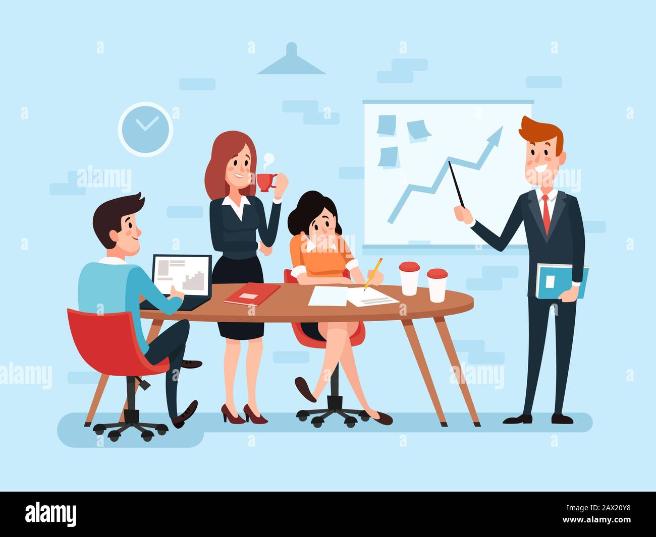 Office teamwork or business meeting, talking employees in office. Busy corporate cartoon workers. Businessman and team works together, management, vec Stock Photo