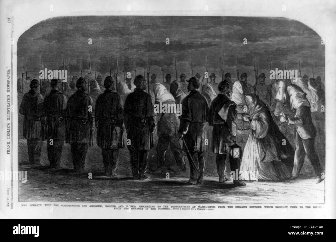 1865, USA: Mrs. Surratt with the conspirators and assassins, hooded and ironed proceeding to the penitentiary at Washington, from the steamer Keyport which brought them to the wharf from the gunboat in the Potomac . Engraving illustration from the magazine FRANK  LESLIEE'S ILLUSTRATED NEWSPAPER , may 27 , 1865 .   MARY SURRATT ( 1820 - 1865 ) one of the Lincoln conspirators sentenced to death .  The U.S.A. President ABRAHAM LINCOLN ( 1809 - 1865 ).  Mary Elizabeth Jenkins Surratt ( May 1823 – July 7, 1865 ) was an American boarding house owner who was convicted of taking part in the conspiracy Stock Photo