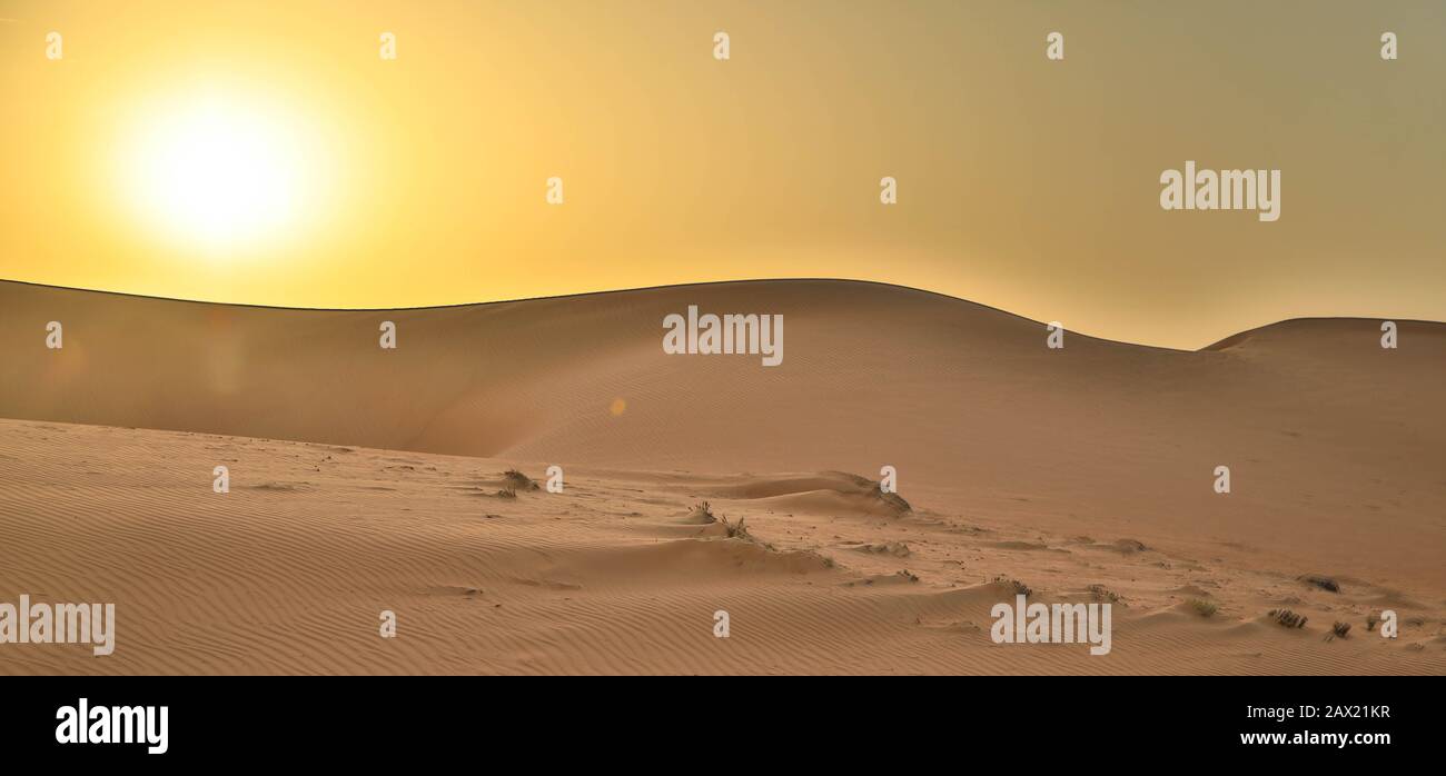 Desert sunset and sand dunes in wahiba Sands, oman Stock Photo