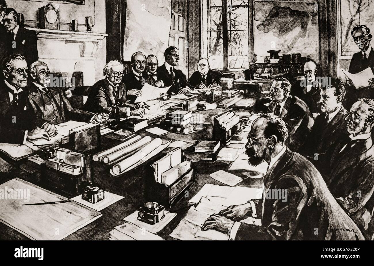 Treaty talks in the cabinet room of No 10 Downing Street in London in 1921. On the left is the British team including Lloyd George and Winston Churchill. To the right are heads of the Irish delegation, Michael Collins and Arthur Griffith, who greatly impressed the British representatives. With regard to the Treaty, he himself was fully committed to and satisfied with it and genuinely convinced that its terms were the best that Ireland could realistically have hoped to achieve. He bitterly resented the opposition to it from republican purists – especially de Valera. Stock Photo