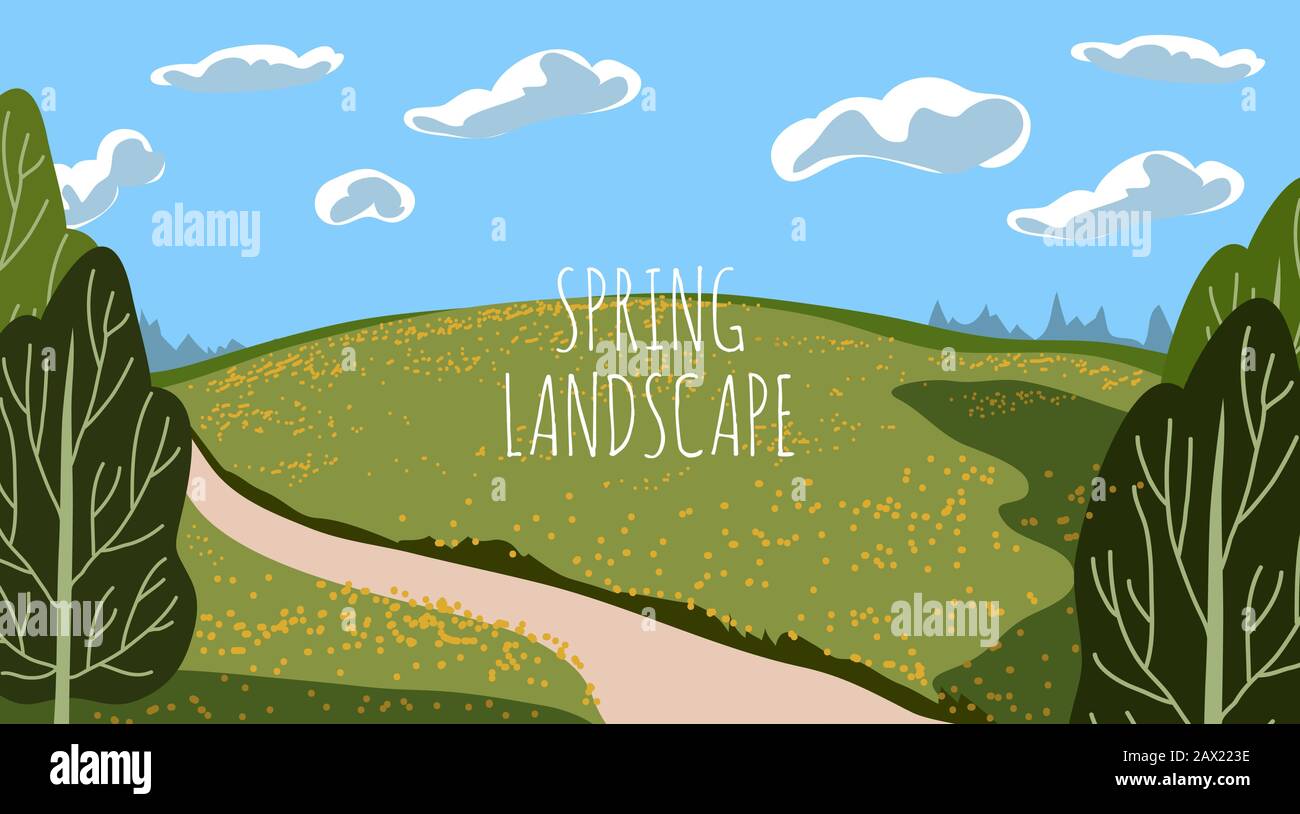 Vector panoramic illustration of beautiful spring or summer fields landscape with green hills, bright color blue sky and clouds. Background in flat Stock Vector