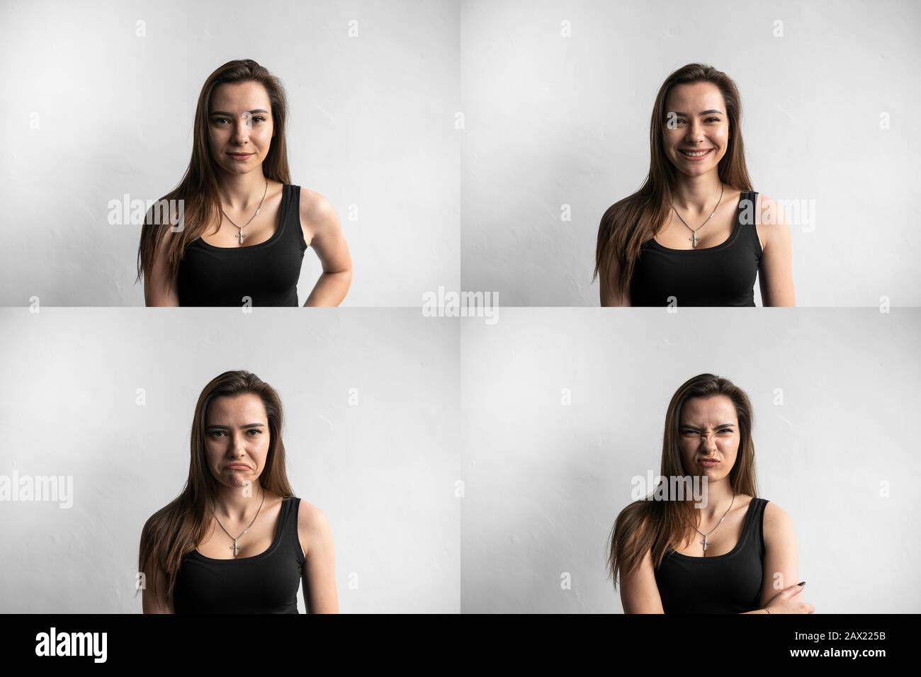 Set of young woman's portraits with different emotions. Young beautiful cute girl showing different emotions. Laughing, smiling, anger, suspicion Stock Photo
