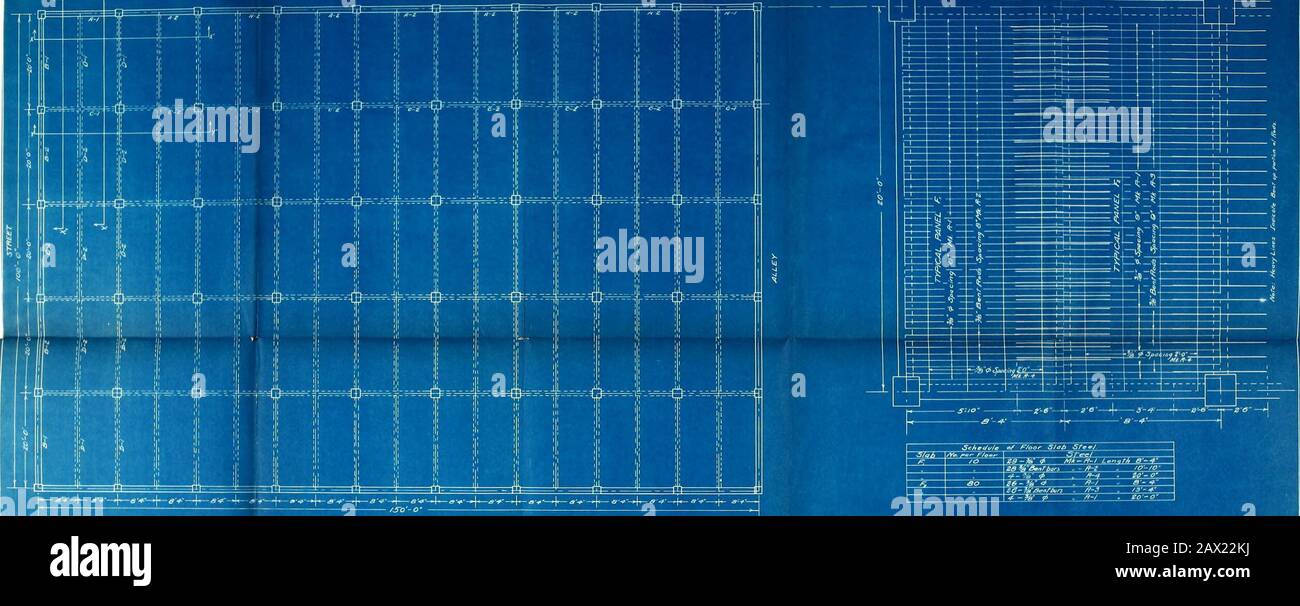 Designs and plans for a four story reinforced concrete light manufacturing building 100'-0' x 150'-0' . I Jife&MAS-l -Ji* Lenatt 6-0 lO-fi ^Lonoth B-o F-W I 16 IO-H ? 12-QF-X IP 8-4jV * . 4Q- «-*(»/;«»/&lt; 2i-o- /IFtMOUR /iMSTITUTEOF TECHNOLOGYCIVIL ENC/NEEFtING DEPARTMENT FLAMS OF 4 FOUfi-STOFt YFiEINFORCED CONCRETE BUILDINGScale A* hd,cated May ISIS. Thesis Flats I C Ff L eriiran dt 1 fLAN OF FLOOR SLABS Jco/? 4=/-0. I 2-1 fMks-e Z-f* »ft. s-e . U&gt;-L- S-z Sect/on Thru X.-K SCHEOUL E OF BEAMS | wtrjfi/zm Mvff-^aa miiiM/M u. m^rviTT^m £&gt;-/  eXIS/i 2&-C 1 £-/ ?  • 3-6 3T-TaUbori . Stock Photo