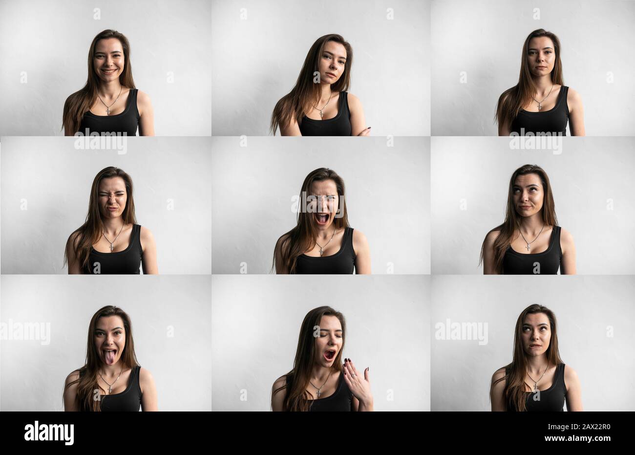Set of young woman's portraits with different emotions. Young beautiful cute girl showing different emotions. Laughing, smiling, anger, suspicion Stock Photo