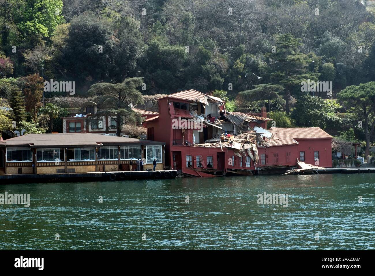 2018 ,April 10 - Istanbul.  A cargo ship has crashed into a historic mansion on Istanbul’s Bosporus Strait, severely damaging the building, In April 2 Stock Photo
