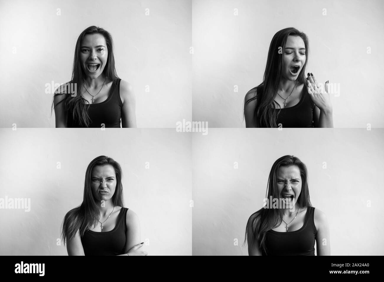 Set of black and white photo of young woman's portraits with different emotions. Young beautiful cute girl showing different emotions. Laughing Stock Photo