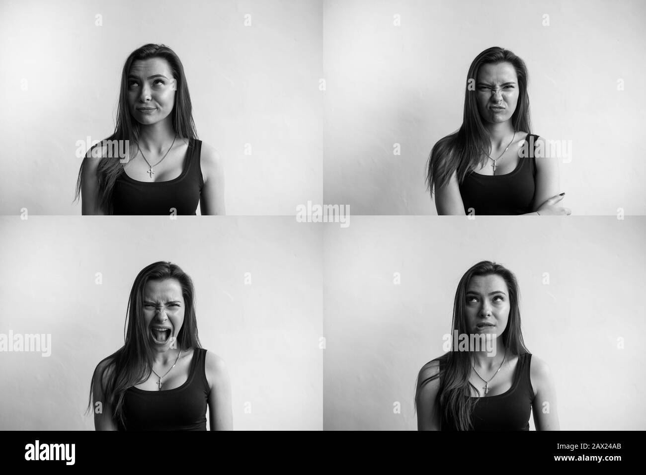 Set of black and white photo of young woman's portraits with different emotions. Young beautiful cute girl showing different emotions. Laughing Stock Photo