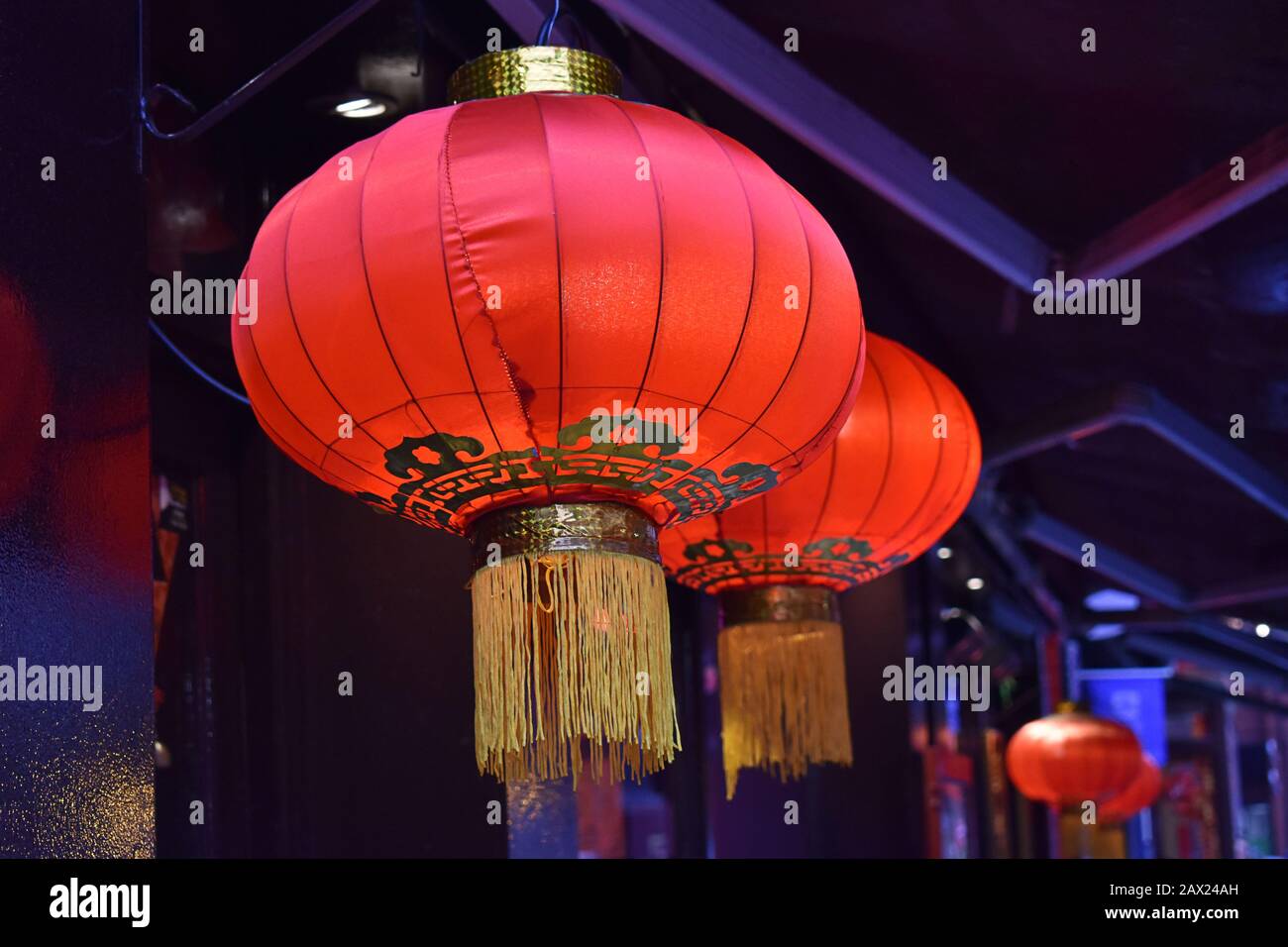 Red Chinese New Year lanterns, Chinatown, Soho, London Stock Photo