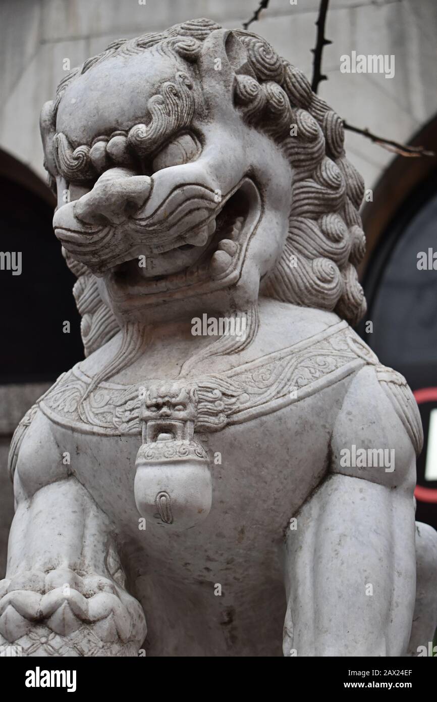 Chinese stone dragon, Chinatown, Gerrard Street, Soho, London Stock