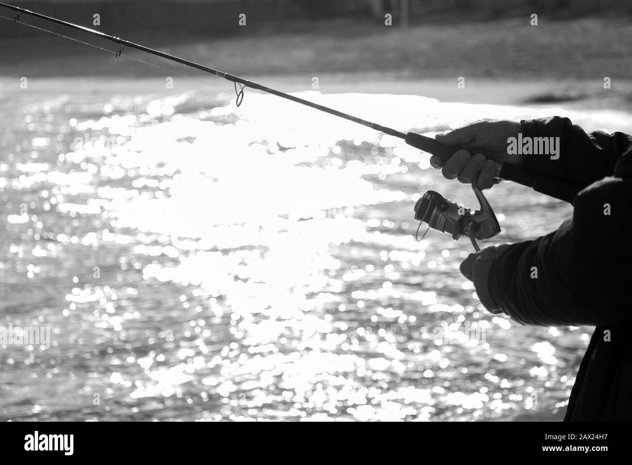Fishing rod. Spinning reel black and white image with copy space Stock Photo