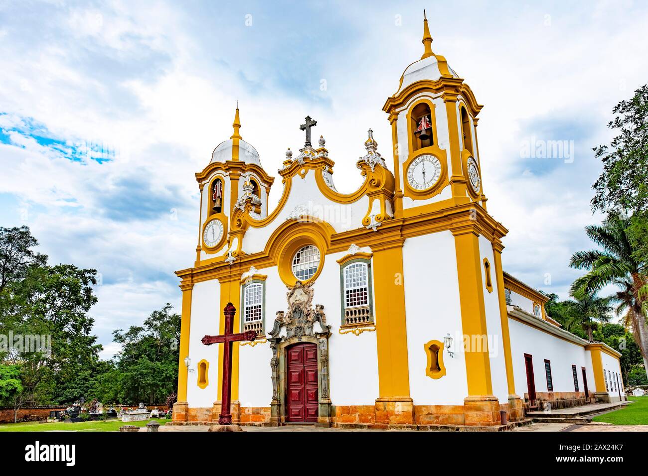 Facade of an old church built in the 18th century in baroque style in the famous city of Tiradentes, Minas Gerais Stock Photo
