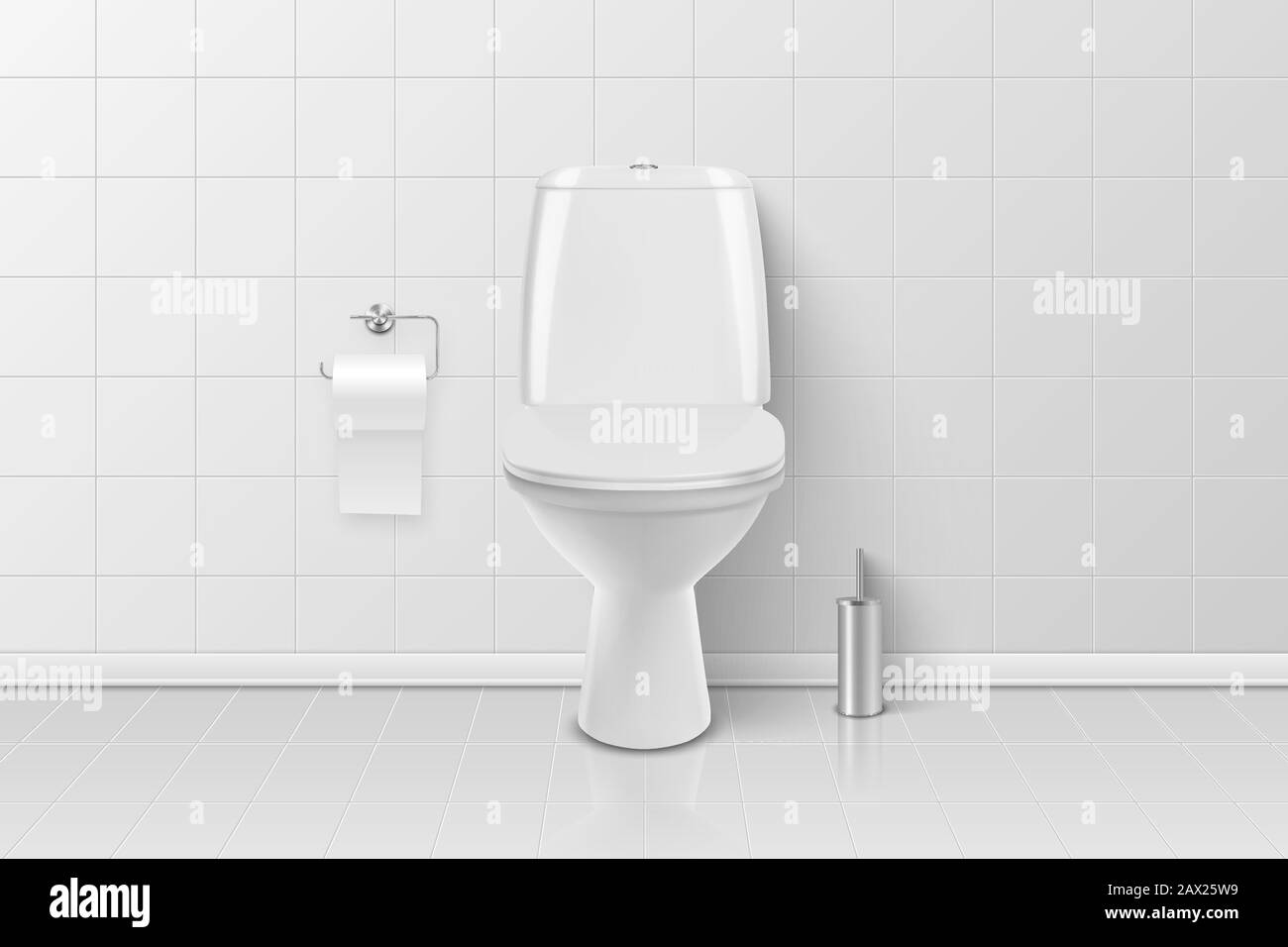 Vector 3d Realistic White Ceramic Toilet, Brush and Toilet Paper in the ...