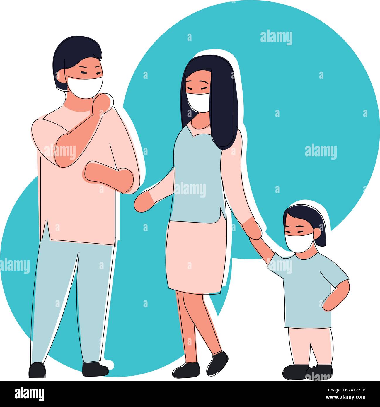 Family in a protective mask. Vector illustration for design isolated on a white background. Young man woman child protected. Health care. Mask for the Stock Vector