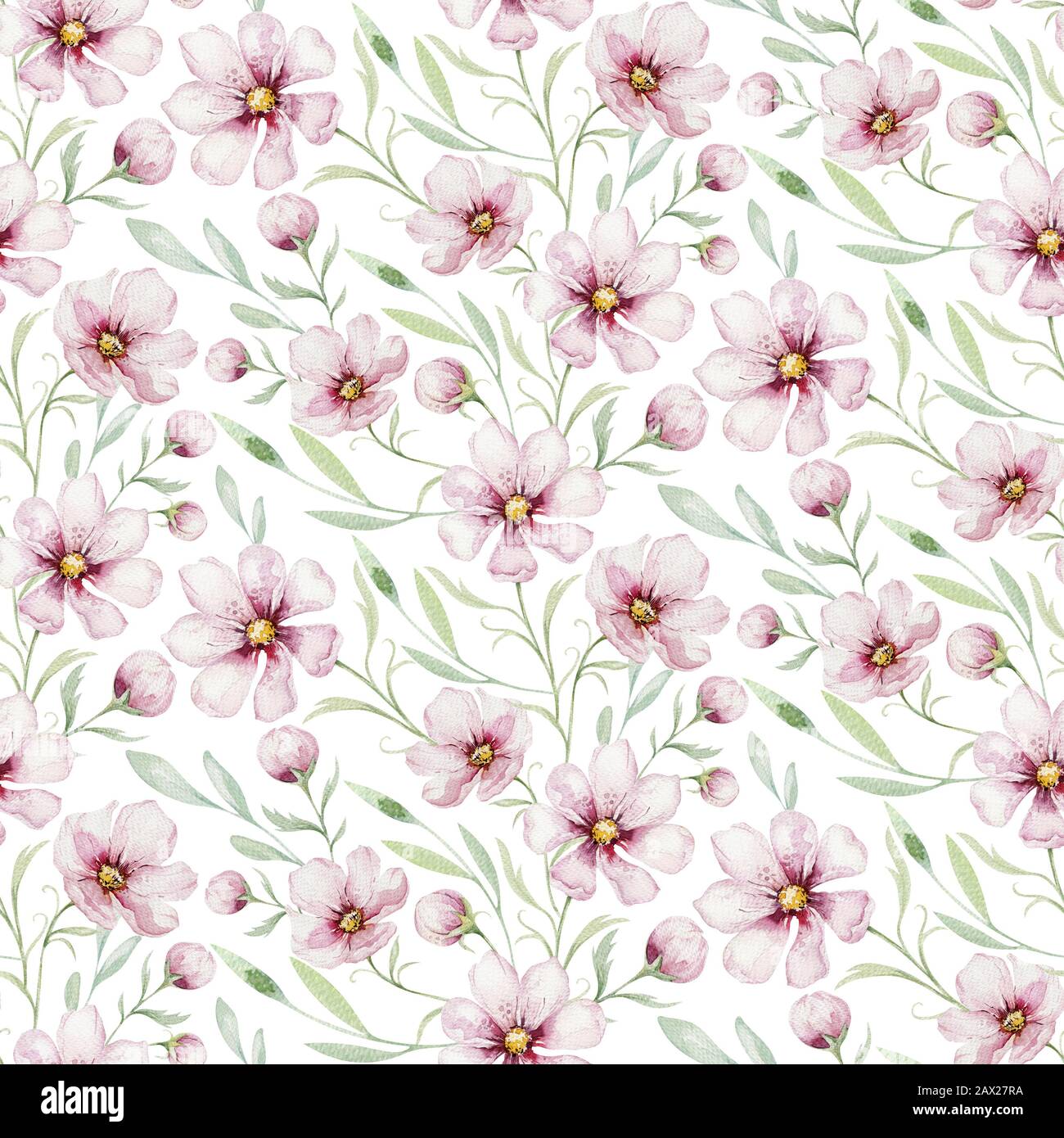 Seamless pattern of blossom pink cherry flowers in watercolor style ...