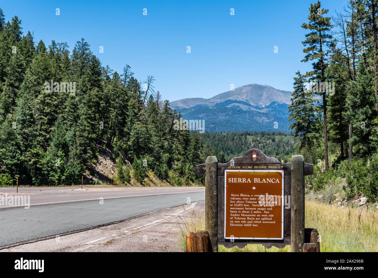 Sierra Blanca mountain peak in Lincoln County, New Mexico, view from US