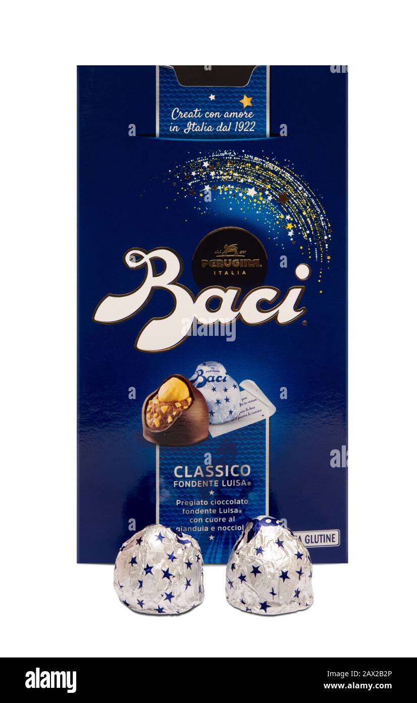 Italy - February10, 2020: Pack of famous Baci Perugina, italian brand chocolate Stock Photo