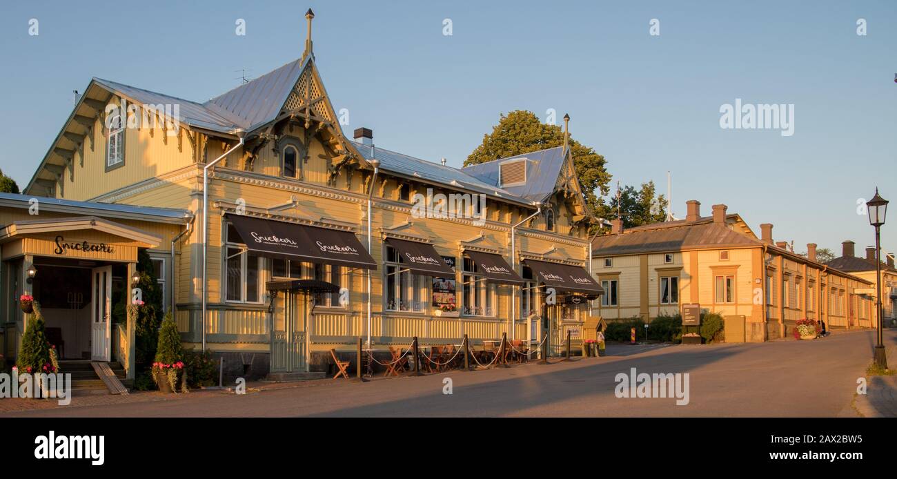 Naantali, Finland - July 25, 2019: Restaurant in the old town of Naantali at sunset Stock Photo