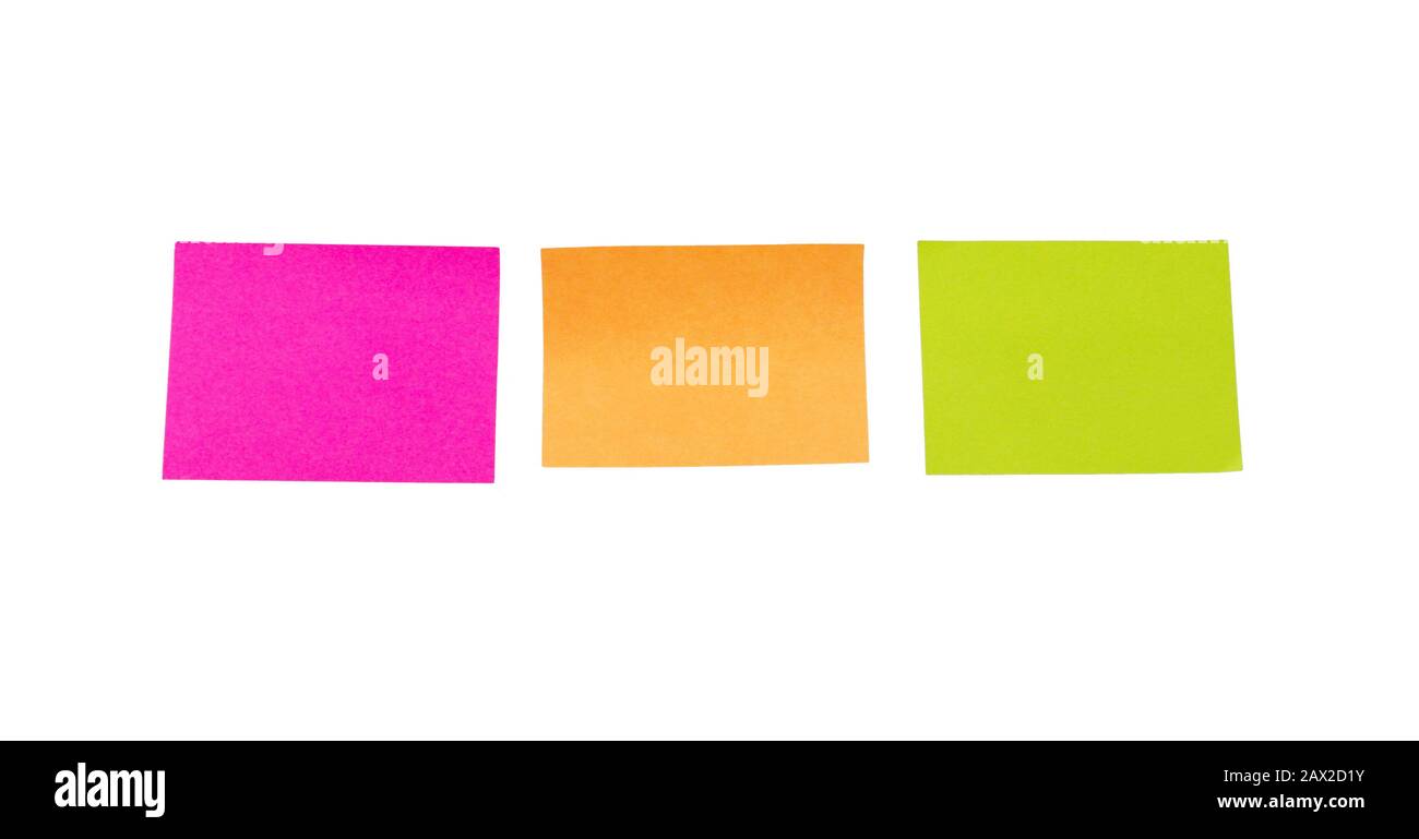 Color blank sticky notes isolated on white background. Close-up of set of colorful and blank sticky notes. Sticky notes paper. Stock Photo