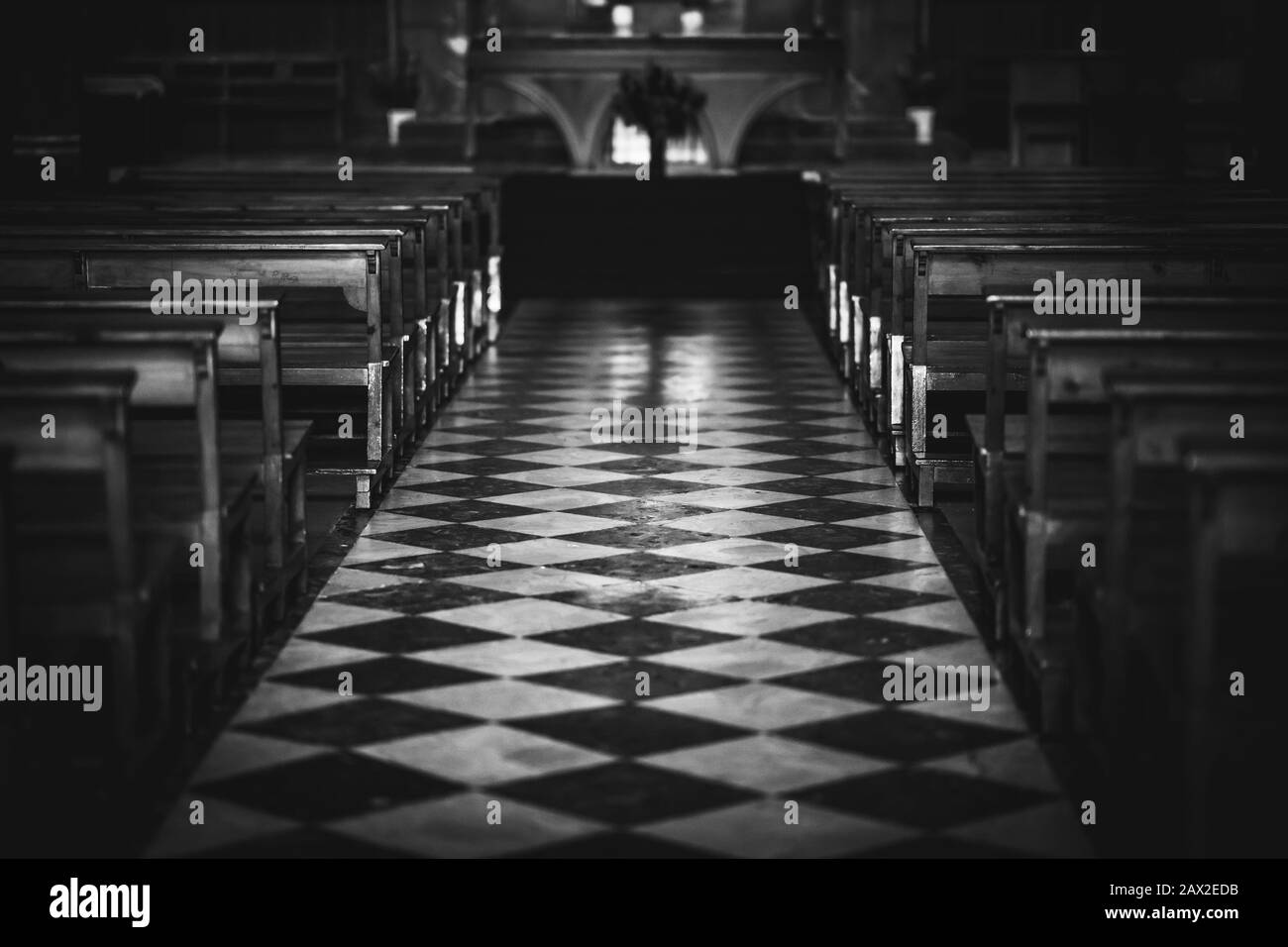 Rows of seats and decorative floor of the aisle of the central nave of