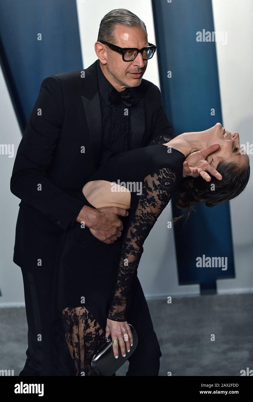 Beverly Hills, United States. 10th Feb, 2020. Jeff Goldblum (L) dips his wife Emilie Livingston as they arrive for the Vanity Fair Oscar party at the Wallis Annenberg Center for the Performing Arts in Beverly Hills, California on February 9, 2020. Photo by Chris Chew/UPI Credit: UPI/Alamy Live News Stock Photo