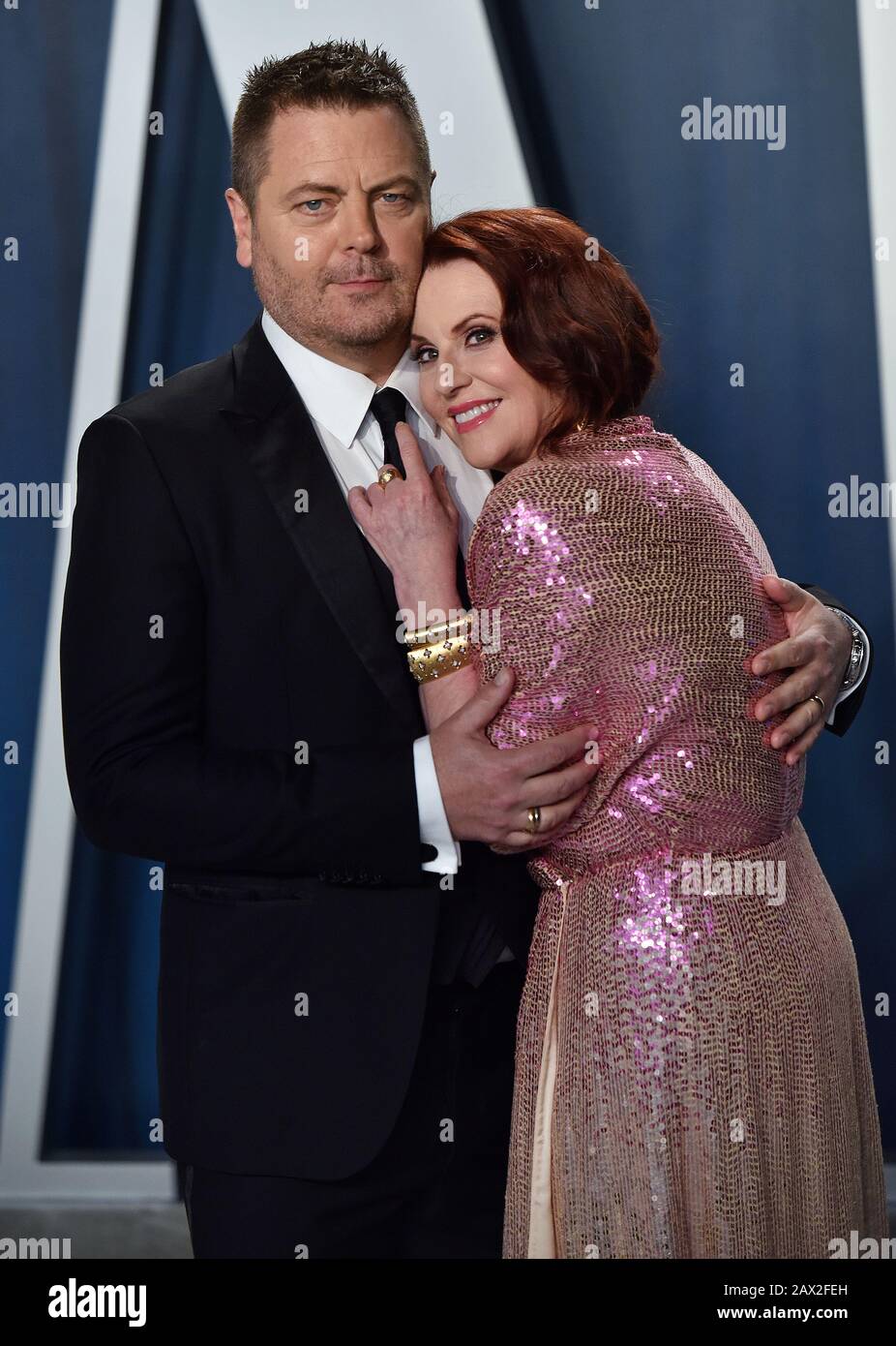 Beverly Hills, United States. 10th Feb, 2020. Nick Offerman (L) and Megan Mullally arrive for the Vanity Fair Oscar party at the Wallis Annenberg Center for the Performing Arts in Beverly Hills, California on February 9, 2020. Photo by Chris Chew/UPI Credit: UPI/Alamy Live News Stock Photo