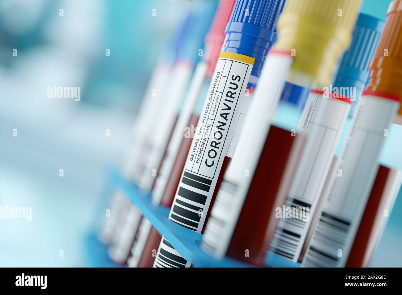 A close up shot of Coronavirus 2019-nCoV an infectious flu virus which causes respiratory illness. Human blood samples in a medical lab. 3d illustrati Stock Photo