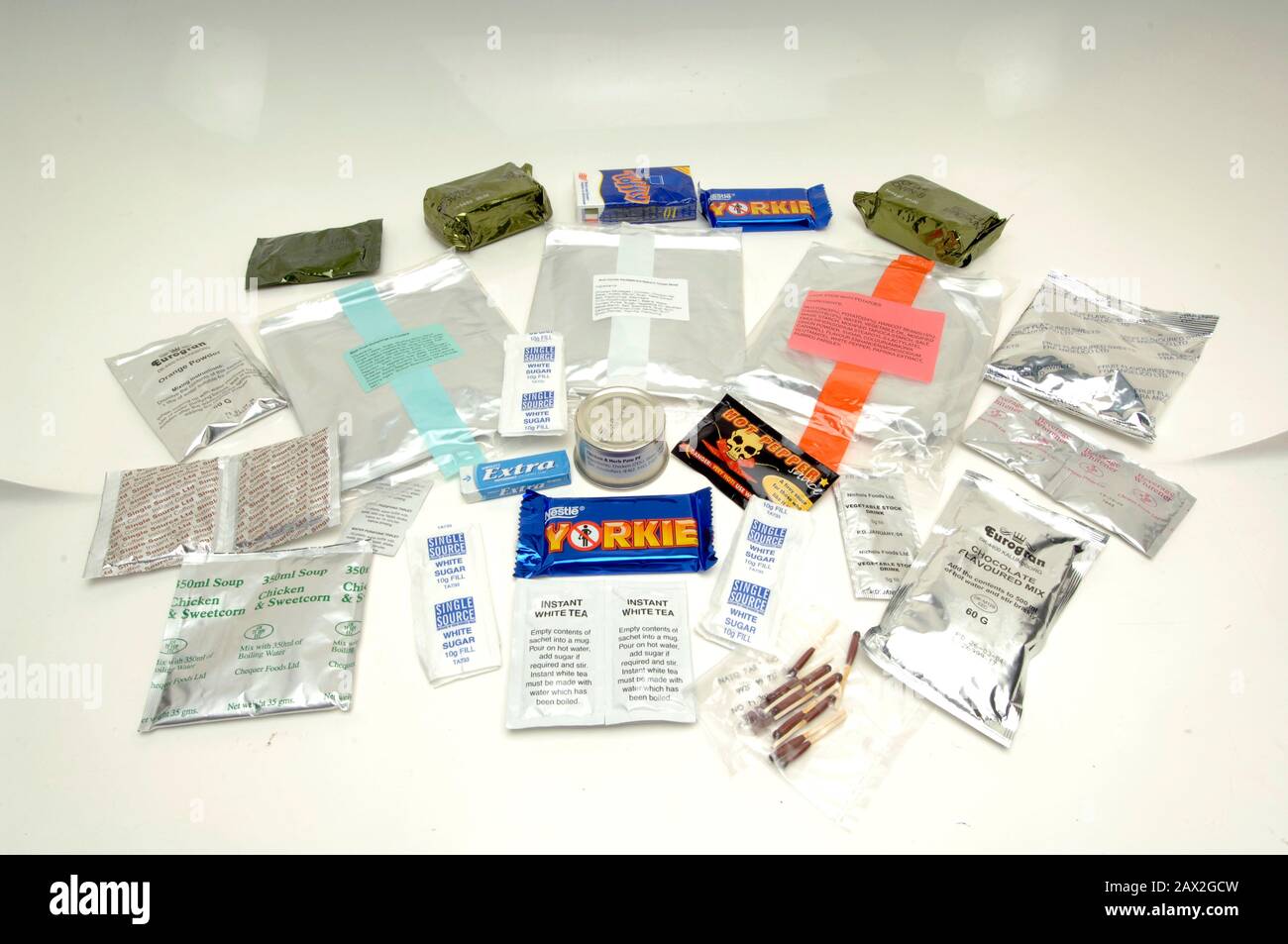 A 24 hour ration pack issued to soldiers serving in Afghanistan in 2005.  The high-calorie packs are standard issue for the British Armed Forces on  operations and, it's claimed, contain enough food