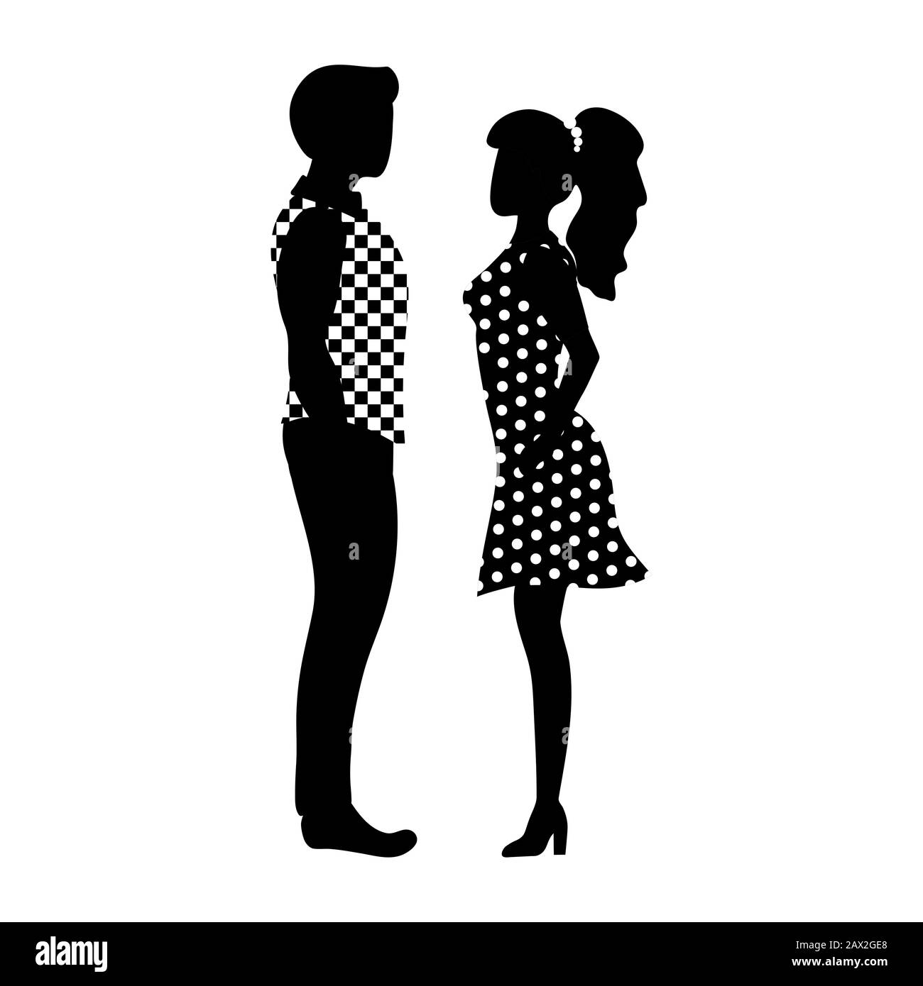 Man and woman standing in front of each other and talking. Vector illustration in simple black and white style. Stock Vector