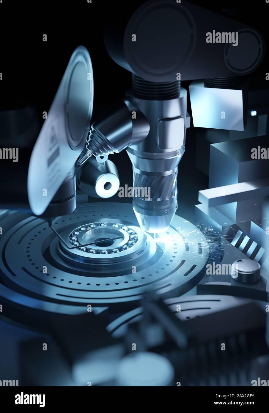 Machine Engineering. A programmed fabrication robot  manufacturing parts. 3D illustration. Stock Photo