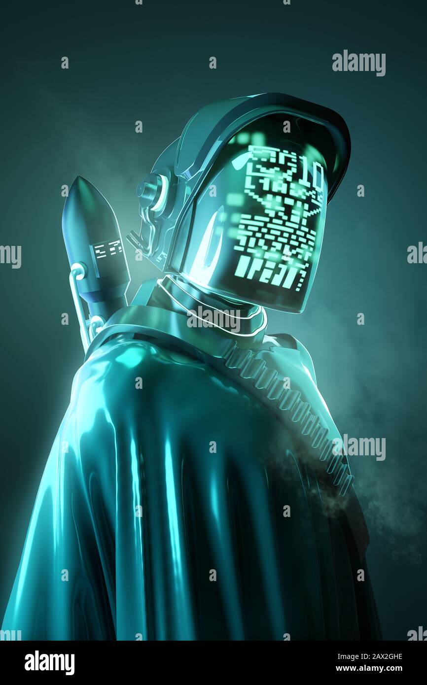 Mysterious Human model in a futuristic space outfit. Technology and people 3D illustration. Stock Photo