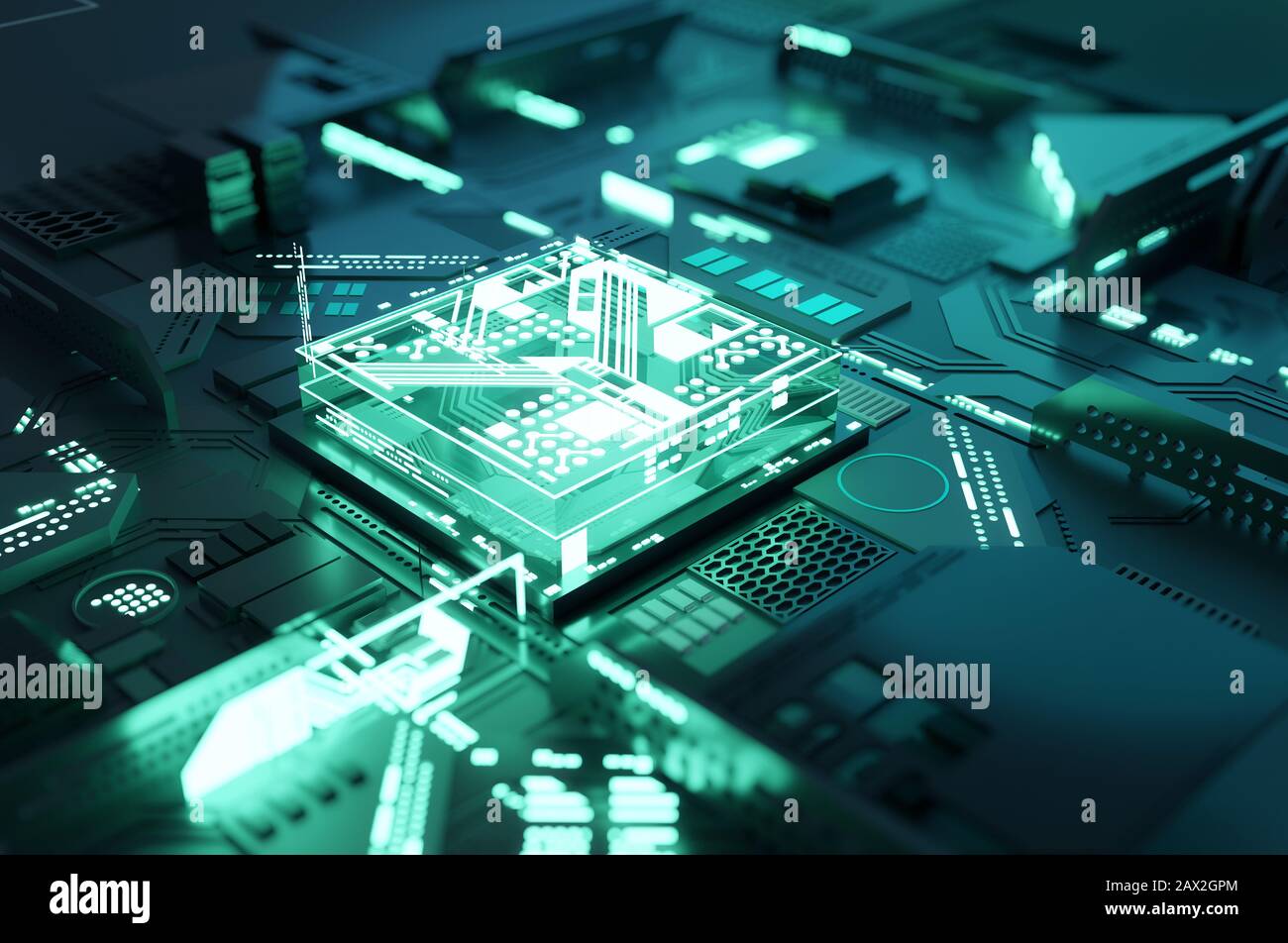 Futuristic green quantum computing CPU processor concept. 3D illustration Stock Photo