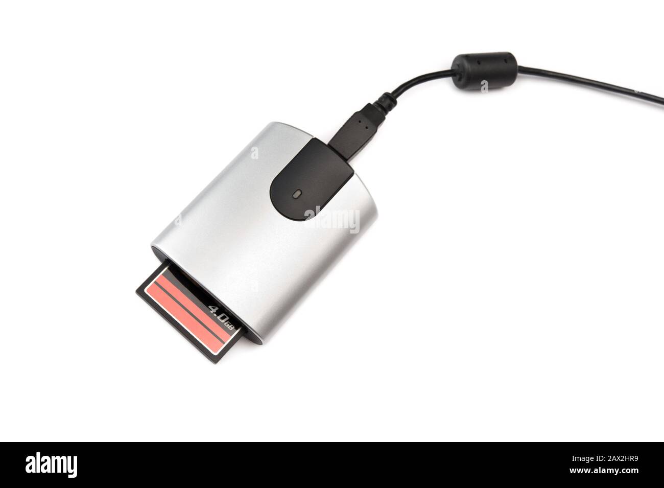 Compact flash memory card and card reader on white background Stock