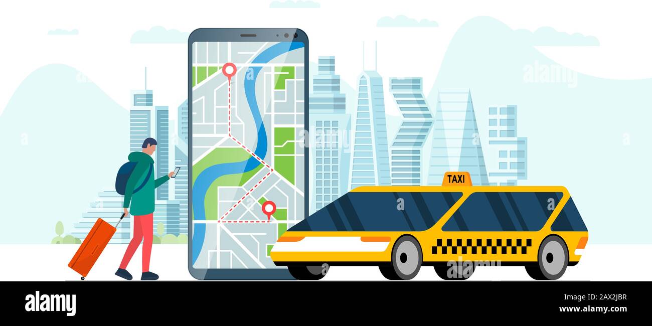 Taxi ordering service app concept. Man holding smartphone with route geotag gps location pin arrival address on city map and modern yellow cab. Online get taxicab application flat vector illustration Stock Vector