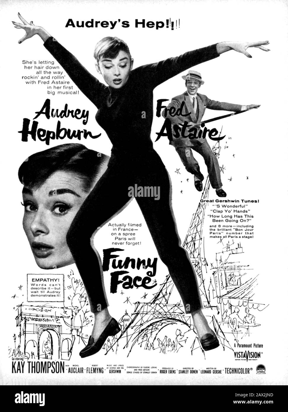 1957 , USA :The movie actress AUDREY HEPBURN in FUNNY FACE ( CENERENTOLA A  PARIGI ) by Stanley Donen , with FRED ASTAIRE - COMEDY - poster  cinematografico - locandina - shoes -