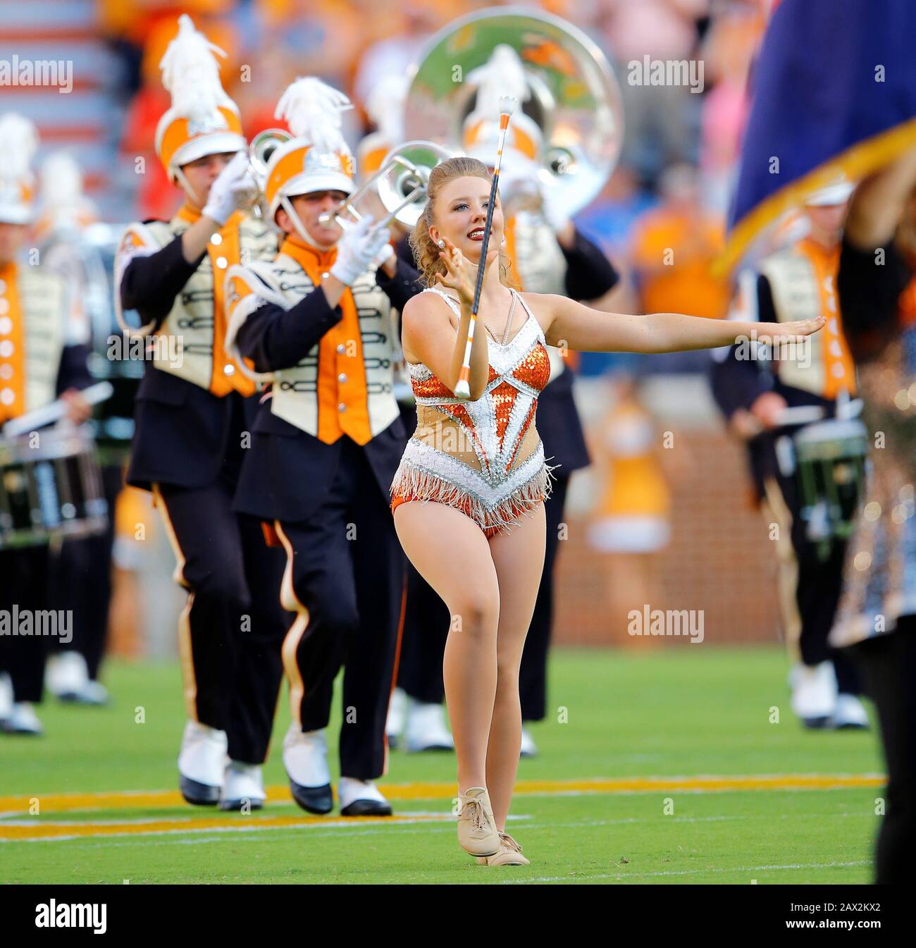 A University of Tennessee Volunteers majorette performs during a college football game between UTenn and BYU on September 7, 2019. Stock Photo