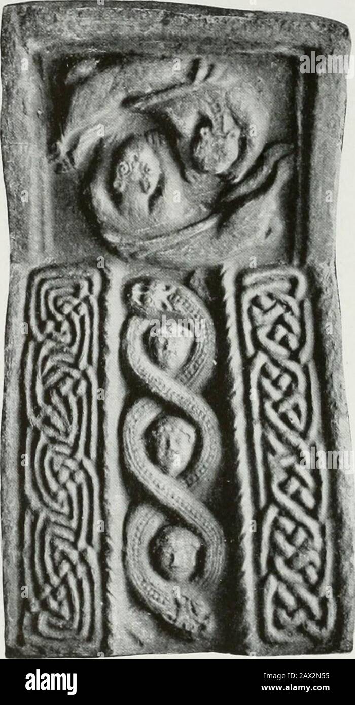 Muiredach, abbot of Monasterboice, 890-923 AD.; his life and surroundings . 54 MUIREDACH figures in the narrow panels [13, 14, 16] in the base of the shaft;and the twined snakes on [59, 62], which are shown in figs. 20, 30.The interlacements on the west face of the ring [48-51] are foundedon animal figures, and there is also underneath [42] a couple ofbirds with necks intertwined. Diagrams of these will be found. Fig. 20.—Panels [39, 58-60].{From a photograph by Mr. A. MGoogan.) on Plate VII. Panels [336, 33^/] present very ingenious devices oftwined snakes, their tails coiled round bosses (se Stock Photo
