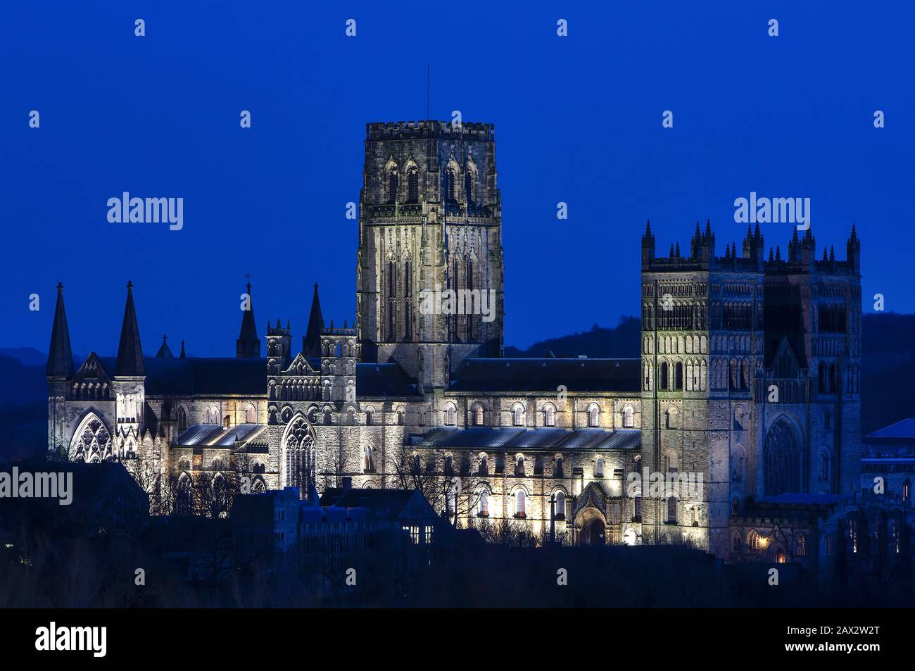 External view of Durham Cathedral floodlit at dusk, City of Durham, County Durham, England, United Kingdom Stock Photo