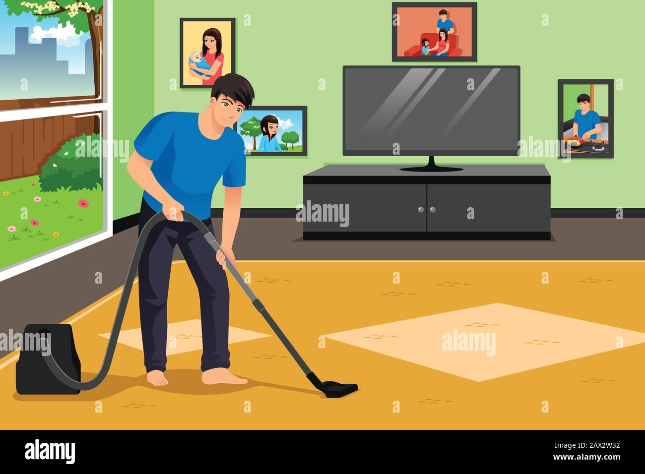 A vector illustration of Father Vacuuming the Carpet in the Living Room ...