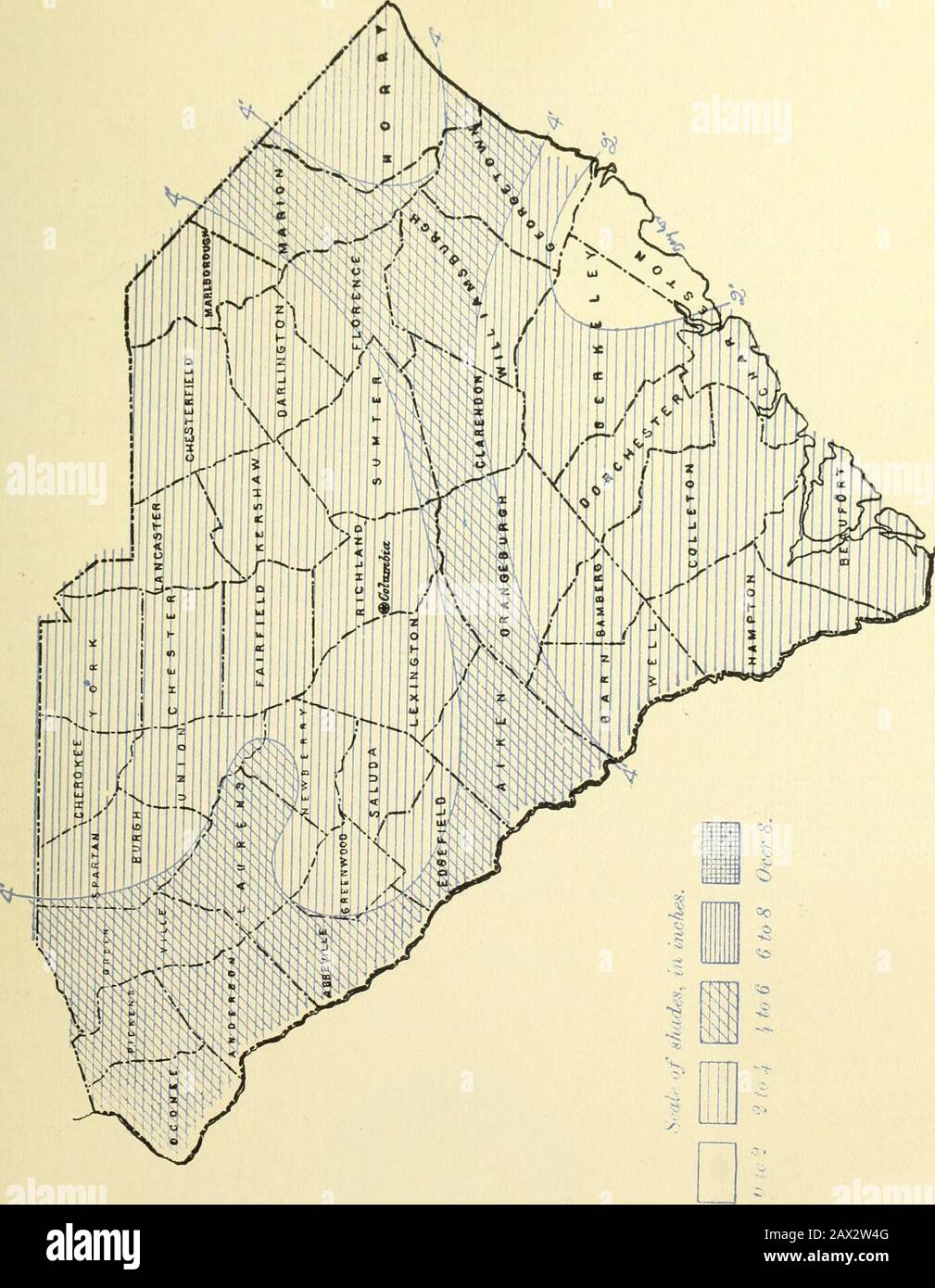 Climatological data, South Carolina . 5 5&.2-S p &gt; S3 o =S :/3 0OGOa?a)  ; 3 o t. t. Â«:â IE E-i &&lt; & IIIS 4 .*&lt; o &lt;3i 12;&lt; Â« O O tâ(H &lt;i H oa, OH. llllÂ» ?7&gt;&gt;&gt; CLIIMATE AND CROPS: SOUTH CAROLINA SECTION. January, 1901. DAILY PRECIPITATION FOR SOUTH CAROLINA, JANUARY, 1901. Day of Sffonth. c4 Stations. X 2 3 4 5 6 7 8 9 10 II 12 13 14 15 16 17 18 19 20 21 22 23 24 25 26 27 28 29 30 31 ^ Allendale .57 1.30.60.48.67 .52.38.26.14.60 . 12.25.62. 10I. 00 .62.351.23.06.50 .58 .04.25.03 .02 .75.68 1.20 â¢ 31 .48^^ T. .... .02 .02 . IIâ¢ 30 .... â¢85 â¢ 55 â¢ 43 â¢ 51 â¢50. Stock Photo