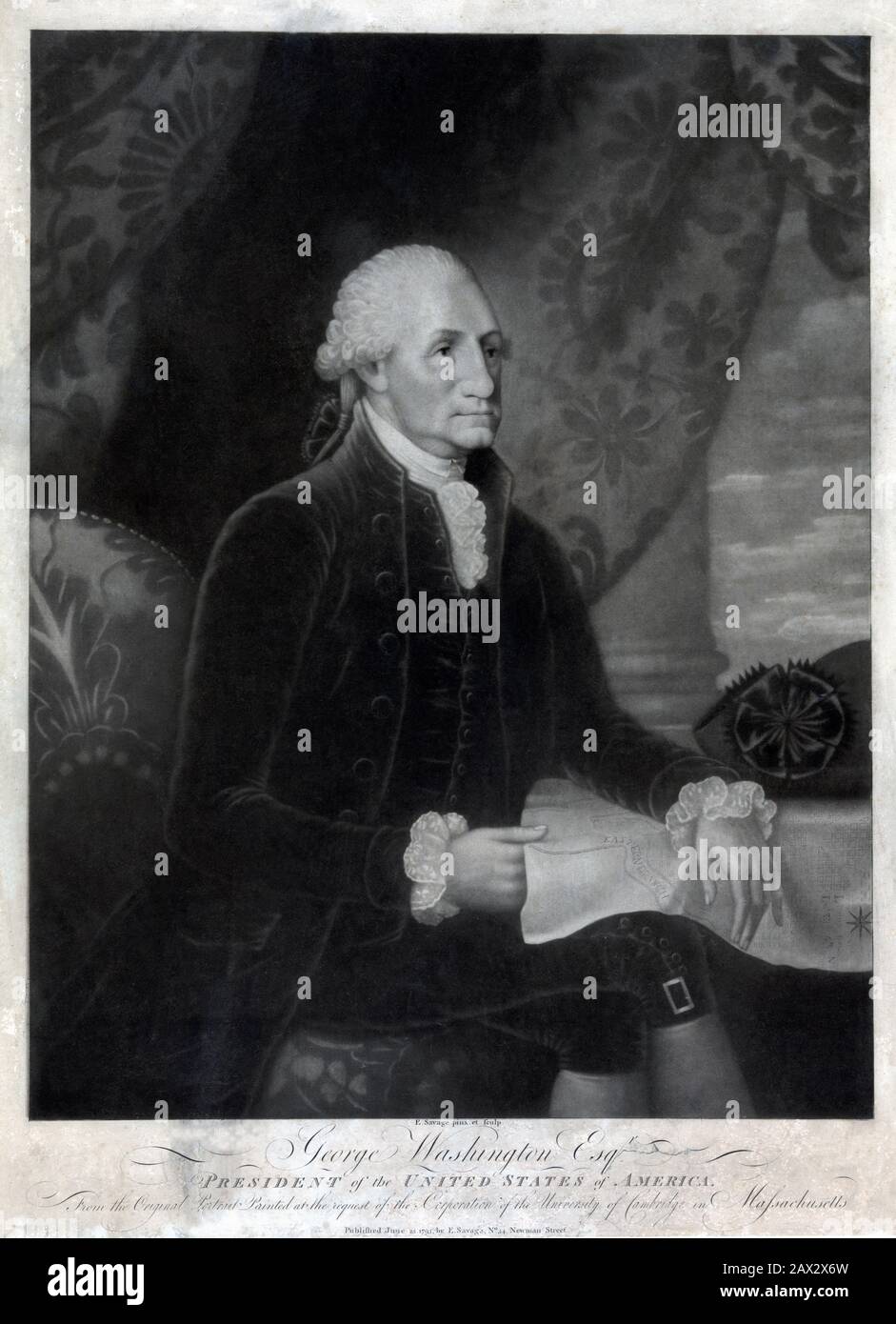 1793 ,  GEORGE WASHINGTON ( 1732 - 1799 ), portrait engraved by Edward Savage ( 1761 - 1817 ) . Print showing George Washington, seated, holding proposed plan for the new capitol city of Washington. Washington  led America's Continental Army to victory over Britain in the American Revolutionary War ( 1775 – 1783 ), and in 1789 was elected the first President of the United States of America. He served two four-year terms from 1789 to 1797, winning reelection in 1792 . Portrait by painter GILBERT STUART ( 1795 - 1796 ) , Washington , National Gallery of Art - POLITICO - POLITICA - POLITIC  -  ST Stock Photo