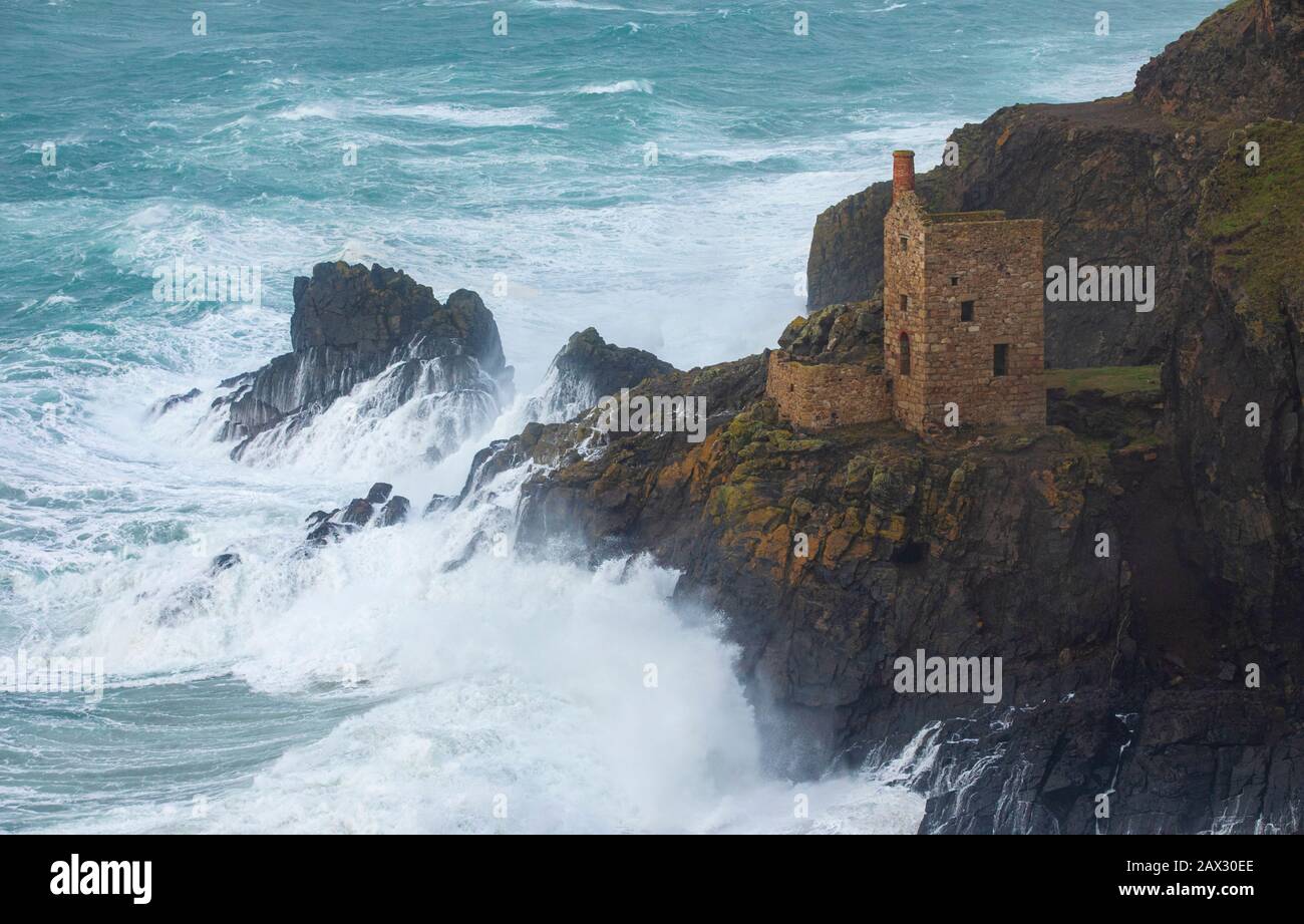 Storm Ciara unleasing havoc at Botallack in North Cornwall Stock Photo