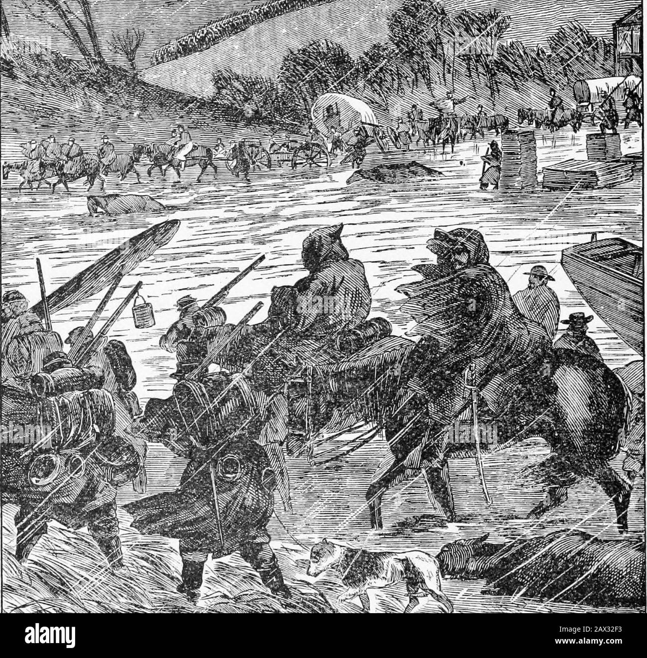 Concise history of the camp and field life of the 122d Regiment, Penn'a Volunteers [electronic resource] . -     -   -   * Jjjjj a. ^s^s^ ^^ sllslslls aKSBI THE DISASTROUS MUD-MARCH BY MAJOR-GENERAL BURNSIDE. I22d Regiment Penna Volunteers. 195 the artillery and army wagons, sticking fast all around us,while stragglers were coming in from all sides—presenting asight, though awful and uninviting, yet impressive—onebeyond a perfect description on our part. Indeed, therewas certainly no longer any semblance of organization, foreverything movable seemed to move according to its ownvolition or desi Stock Photo