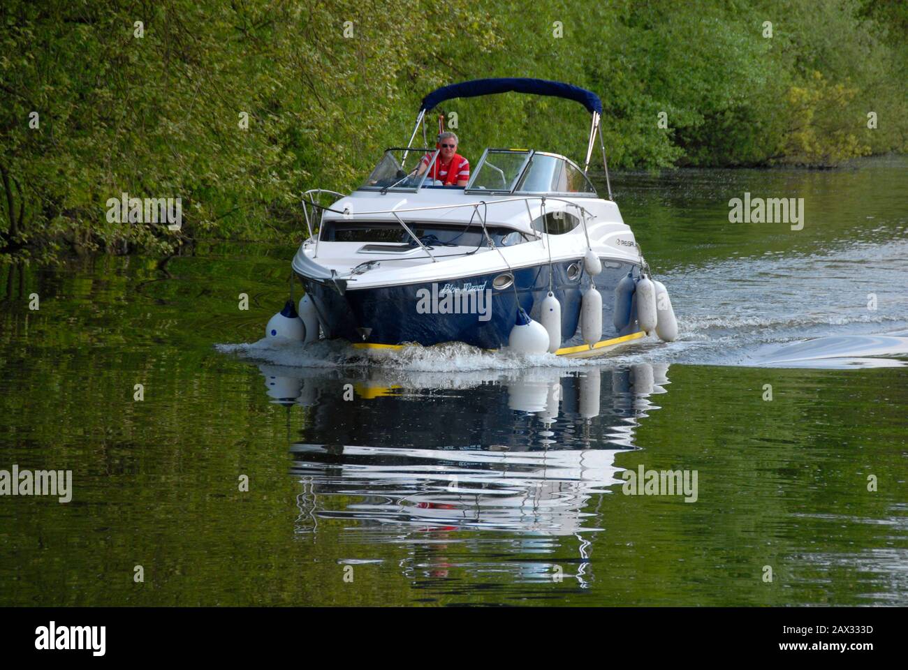 Small motor cruiser on river Thames, England Stock Photo
