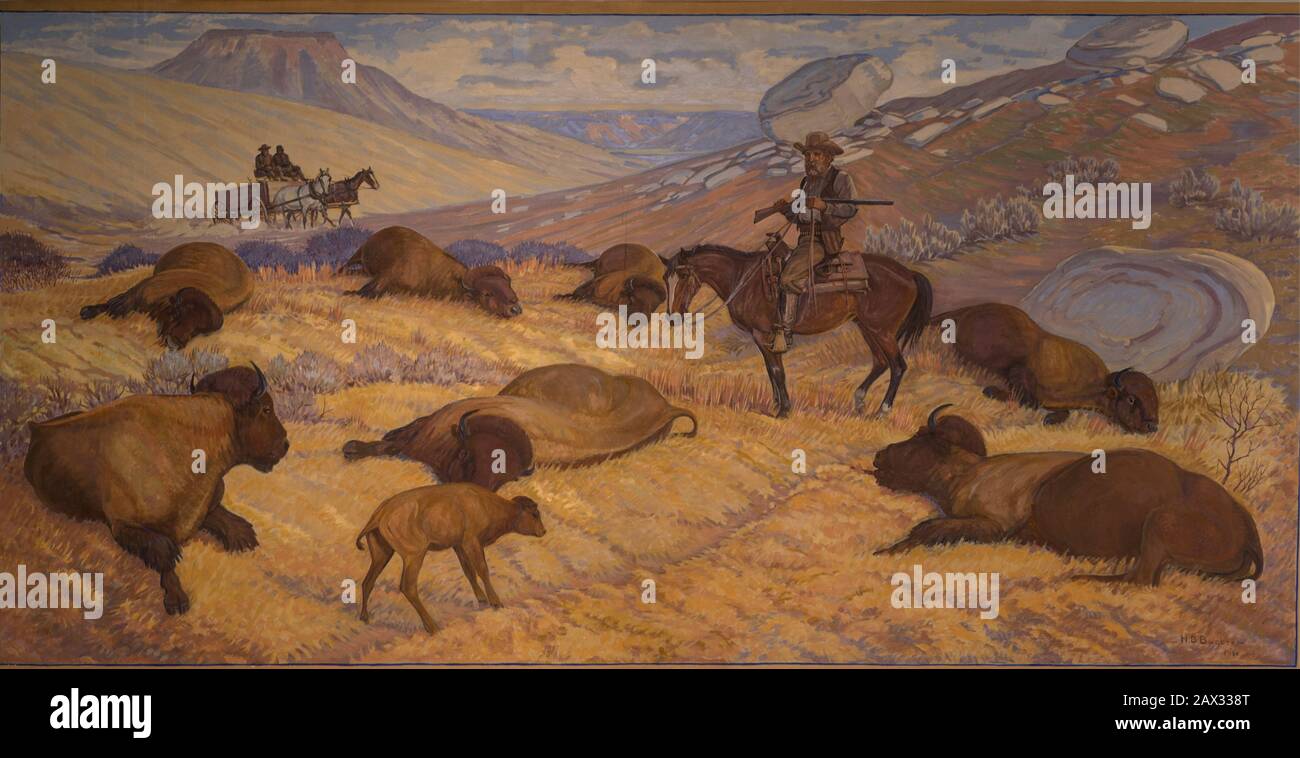 English: Title: Hide Hunters, a 1956 by Harold Dow Bugbee that depicts the slaughter of western bison for their hides at the Panhandle-Plains Historical Museum on the campus of West