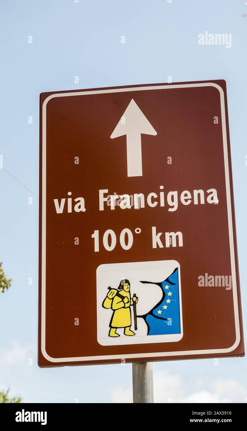 Via francigena 100 km to Rome sign. Follow the Via Francigena signs and markings Stock Photo